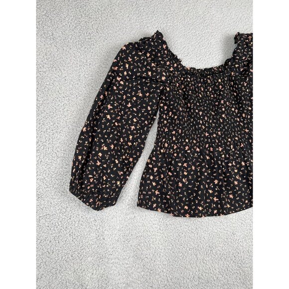 Madewell Smocked Peplum Floral AOP Blouse Black Size 0 Stretch Peasant Spring - Picture 10 of 12